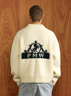 PMW 羊毛混纺logo提花立领拉链针织开衫宽松保暖亲肤休闲毛衣外套