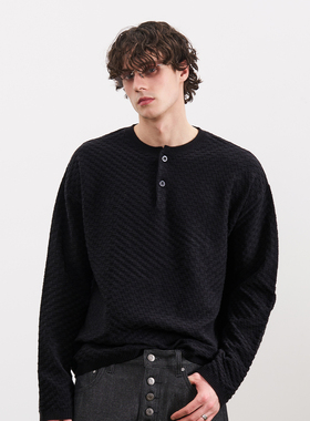 PMW 老钱风抗起球亨利领针织衫格纹纹理高质感落肩宽松休闲毛衣男