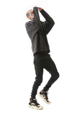 PMW 明星同款美式高街修身小脚紧身刷蜡涂层牛仔裤口袋设计长裤