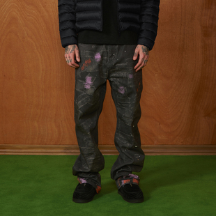 男 全棉花纹破洞泼墨设计街头潮流百搭长裤 PMW 补丁转印直筒牛仔裤