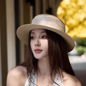 法式 褶皱布拉菲草编平顶草帽女夏季 宽檐礼帽沙滩遮阳户外出游海边