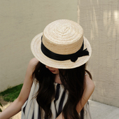春夏新葵叶草真丝麻法式 复古平顶清新遮阳帽平顶平檐真丝麻纱草帽