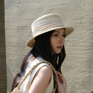 新款 网红短平檐女纤维素复古休闲平顶帽 棉麻褶皱草帽夏季 2025法式