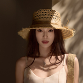 毛边镂空欧美天然拉菲草帽女时尚 网红拍照透气星光网眼海边沙滩帽