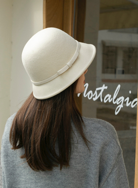 秋冬法式白色羊毛呢毡帽盆帽优雅气质渔夫帽复古小沿蝴蝶结盆帽