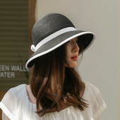 夏季 韩版 蝴蝶结草帽小香风珍珠大檐遮阳帽海边度假防晒沙滩帽子女