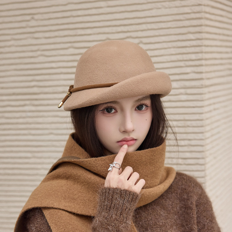 秋冬羊毛礼帽女秋冬卷边毡帽女英伦优雅复古时尚百搭毛呢帽子女款
