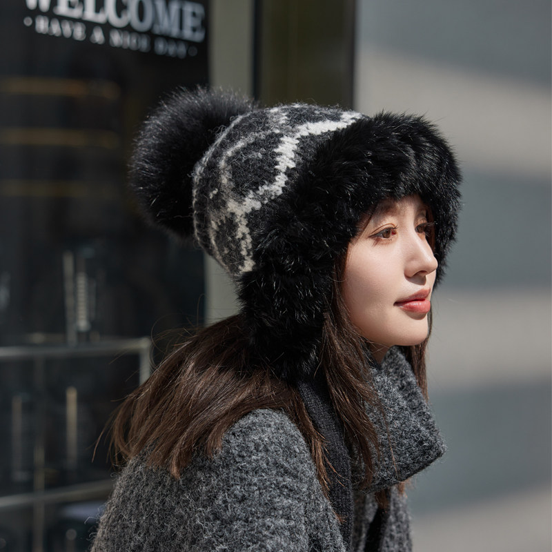 狐狸毛球保暖兔毛边针织帽秋冬兔毛百搭韩国护耳堆堆帽毛线帽女