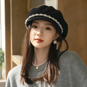 秋冬羊毛水钻珍珠八角帽子贝雷帽子女网红显脸小韩版 云朵画家帽