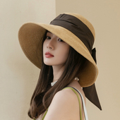 春夏大檐草帽女可折叠细草编沙滩遮阳帽大蝴蝶结防晒帽太阳帽度假