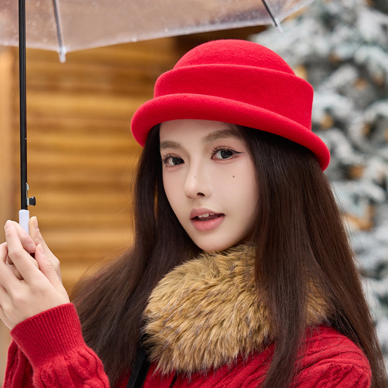 民国风复古红色小礼帽女秋冬纯羊毛渔夫帽赫本风小盆帽圣诞新年帽