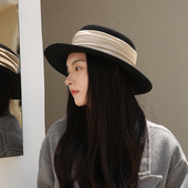 秋冬澳洲羊毛大沿平顶帽子褶皱平顶平檐羊毛呢毛毡礼帽法式 复古帽