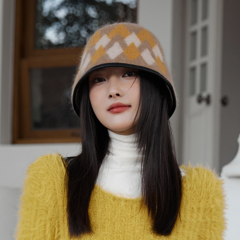 秋冬安格拉兔方块格盆帽纯羊毛提花小盆帽女可折叠气质双面渔夫帽 - 实物图