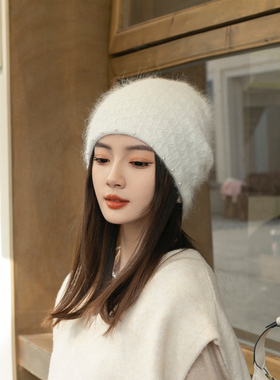 秋冬新款安格拉兔套头帽子珍珠水钻双层加厚保暖针织帽护耳兔毛帽