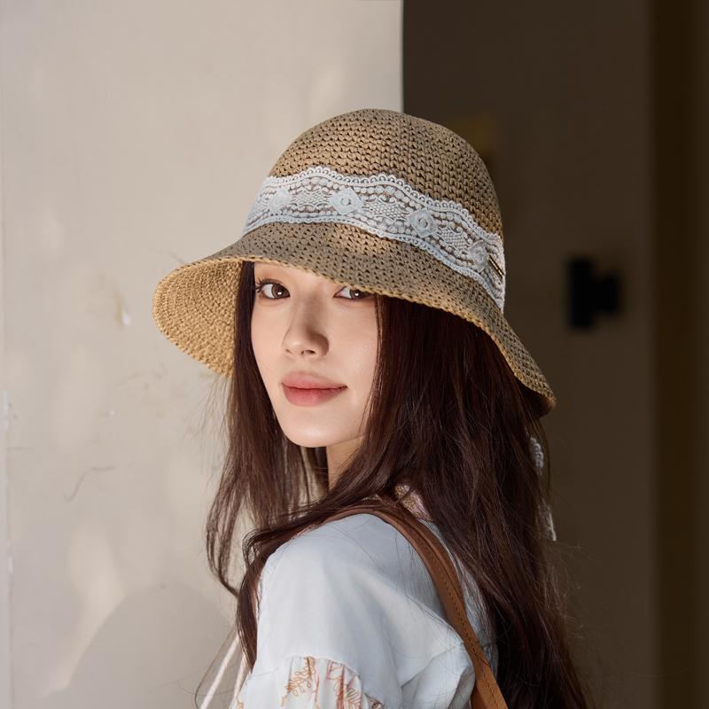 2025新款蕾丝蝴蝶结手工勾针草编渔夫帽日常通勤款沙滩遮阳盆帽