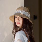 2025新款 蕾丝蝴蝶结手工勾针草编渔夫帽日常通勤款 沙滩遮阳盆帽