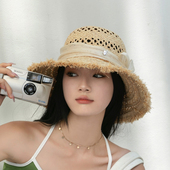 夏真丝麻蝴蝶结拉菲草毛边遮阳帽镂空沙滩帽防晒大檐草帽渔夫帽女