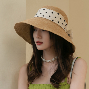 大沿草帽波點長蝴蝶結帽女夏遮陽帽海邊出游太陽帽大檐漁夫帽 法式