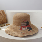 春夏新款 拉菲草帽子可爱猫咪手工勾针帽子遮阳帽子大沿帽子可折叠