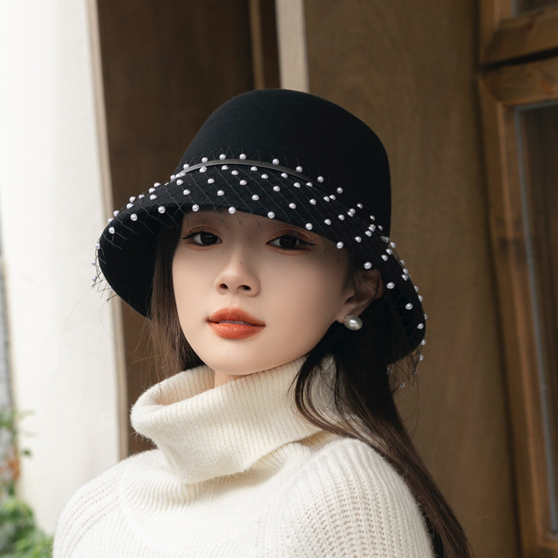 珍珠网纱，网红显脸小盆帽优雅