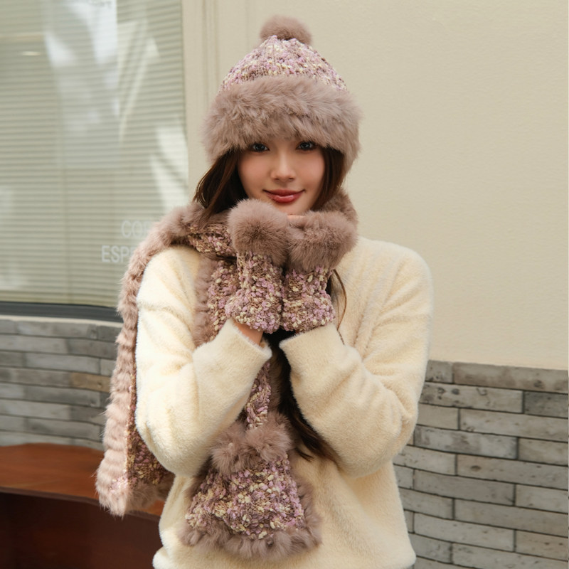 女秋冬季毛绒帽兔毛帽子保暖加厚大帽围显脸小帽子手套围巾三件套