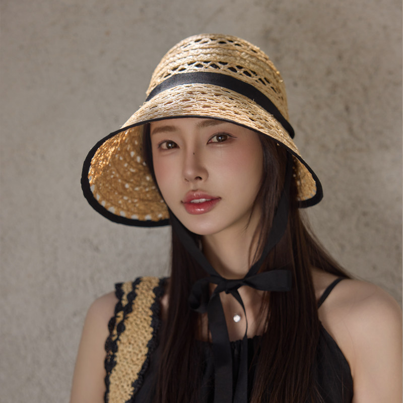 日系韩版复古镂空洞拉菲草编织钟形盆帽女夏天系带渔夫草帽小清新