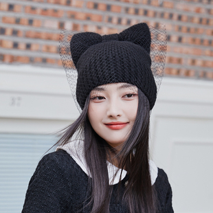 秋冬日系女可爱蝴蝶结网纱毛线帽子针织保暖滑雪帽甜美面纱帽子