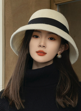 秋冬羊毛白色赫本风盆帽气质名媛帽子女款小香风复古法式渔夫帽