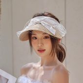 拉菲草空顶帽女网纱蝴蝶结显脸小遮阳帽大檐防紫外线无顶太阳帽潮