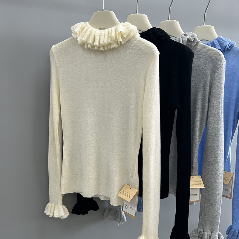 6羊毛秋冬软糯设计感毛衣针织衫内搭修身木耳边堆堆领打底上衣女