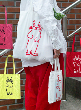 duye度也 韩国allwrite小猫帆布包手提袋ins夏季双面肩背红色背包