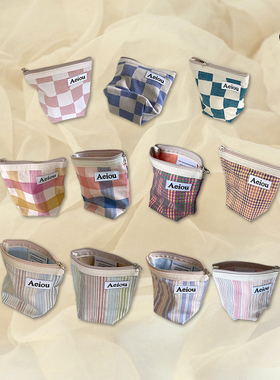 duye度也 韩国Aeiou收纳包新款淡雅日系化妆包条纹方格便携包ins