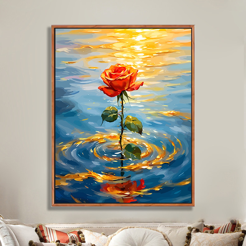 diy数字油画红色玫瑰花 浪漫爱情清新手工填色绘制丙烯装饰画花卉