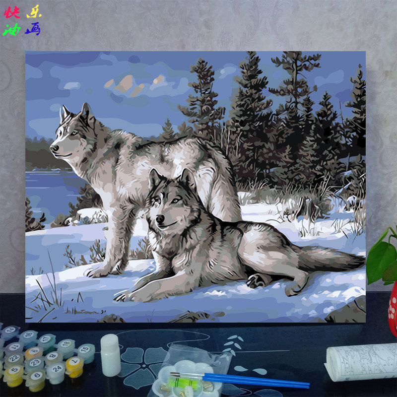 diy数字油画 狼 冲锋战狼 风景 雪狼湖 填色画减压客厅书房装饰画