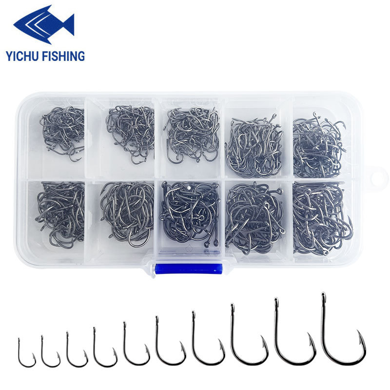 500个/盒 管付伊势尼鱼钩套装带倒刺渔具黑色金色海钓鱼钩