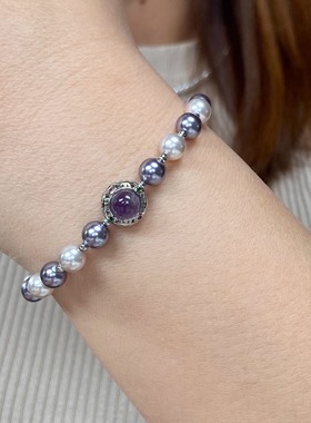 紫水晶珍珠手链 施家人造珍珠手链女手串眼曼塔玫瑰色可调节时尚