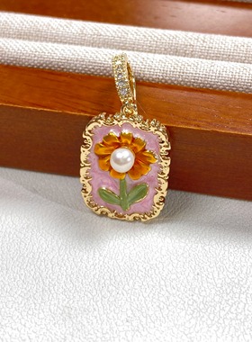 莫奈花园法式向日葵油画框吊坠女天然淡水珍珠 万能D字扣 项链