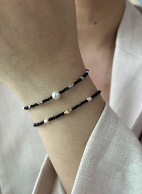 黑尖晶石手链女手串轻奢时尚新中式手链 极细小米珠手串叠戴神器