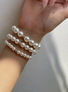 进口施家珍珠手链美国14K包金圆珠弹力绳经典简约时尚洗手不用摘