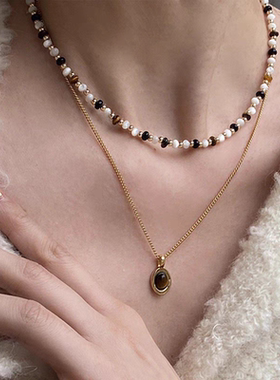 高级虎眼石系玛瑙串珠项链女 锁骨链轻奢复古ins小众金色极细叠戴