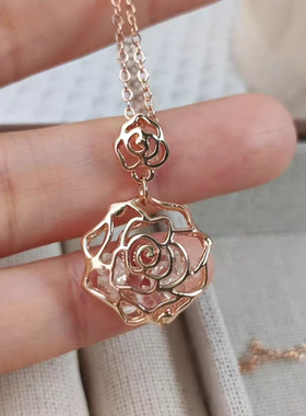 玫瑰花项链女 轻奢玫瑰金镶钻石山茶花锁骨链时尚礼物高级轻奢