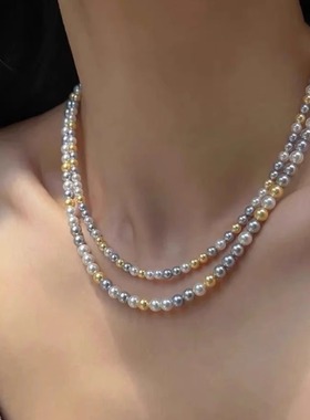 糖果色混彩珍珠项链女 施家珍珠正圆极光轻奢小众高级感锁骨链