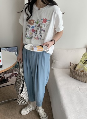 现货韩国东大门春夏女士棉短袖t恤涂鸦花朵白色T恤学生休闲减龄潮