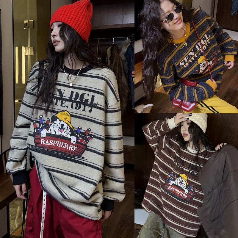 条纹针织衫毛衣ins百搭卡通保暖