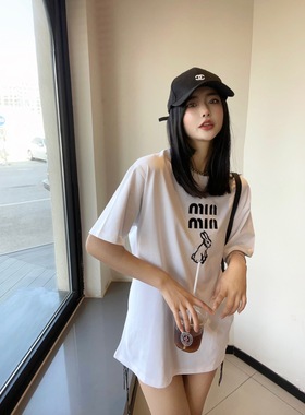 现货休闲小红书白色春夏季女装水洗棉毛巾秀字母兔子女士短袖T恤