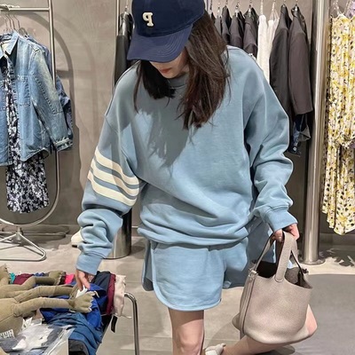 棉2023秋三道杠慵懒卫衣短裤套装