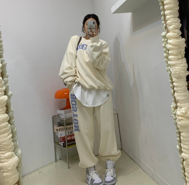 加绒棉休闲字母印花卫衣卫裤套装