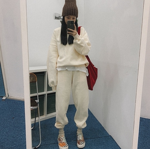 现货韩国春秋季女士纯棉净版卫衣裤子套装休闲宽松米白色运动洋气