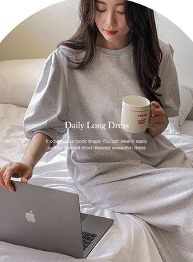 韩国代购春夏季女士棉泡泡肩休闲短袖连衣裙麻白色过膝裙子潮洋气