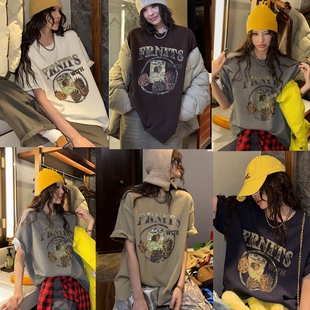 现美式复古字母印花短袖T恤女休闲上衣加厚秋冬新款复古洋气显瘦